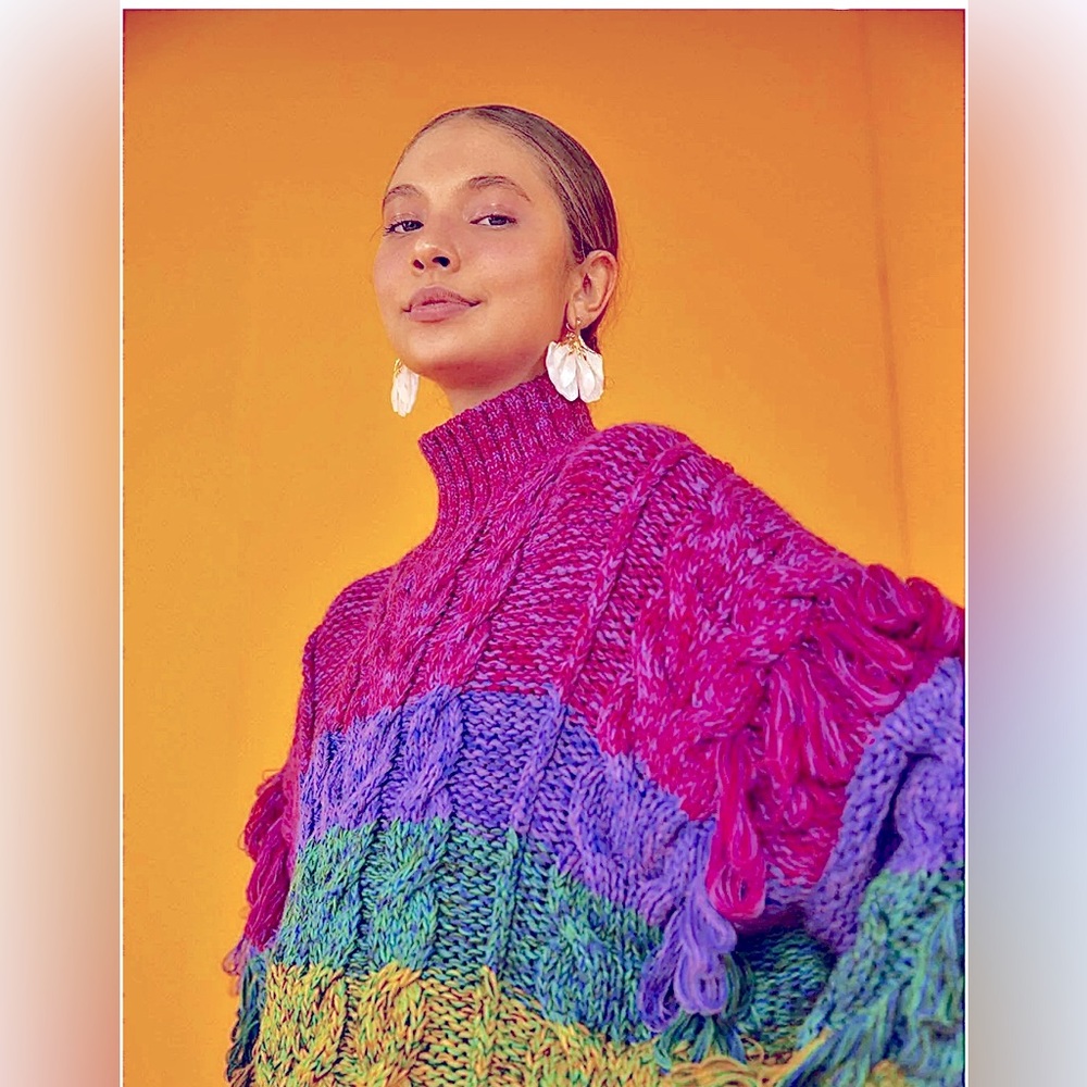 Farm Rio Rainbow Multicolored Yarn Sweater Medium- chunky knit, rainbow sweater